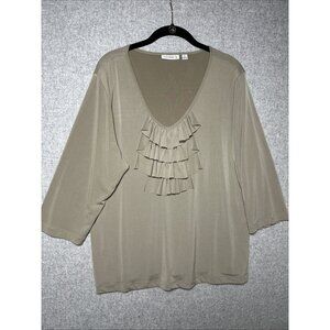 Susan Graver Liquid Ruffle Top Blouse XL Beige QVC Stretch Travel 3/4 Sleeve